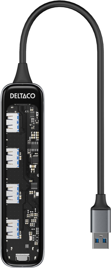 Deltaco USB-A-hub, 4x USB-A, 5 Gbps, gennemsigtig