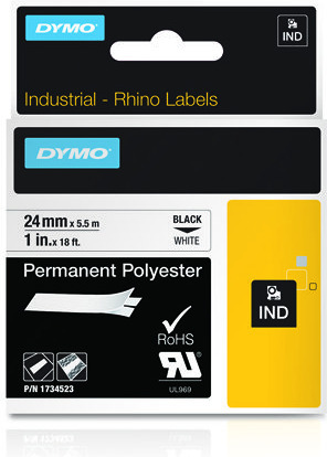 Dymo Rhino Industrial -permanent polyestertejp 24 mm x 5,5 m, svart med vit bakgrund