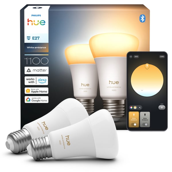 Philips Hue LED-smartlampa, White ambiance, E27, 1100 lm, 2-pack