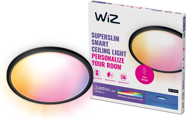 WiZ SuperSlim loftlampe, rund, sort, WiFi, 22 W, RGB, 2200-6500 K, 2600 lm
