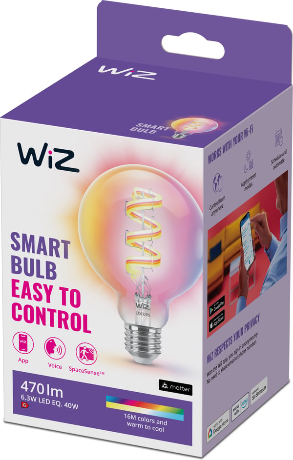 WiZ smartlampe, E27, G95, RGB, Wi-Fi, 2200-6500 K, 470 lm, 1 stk.