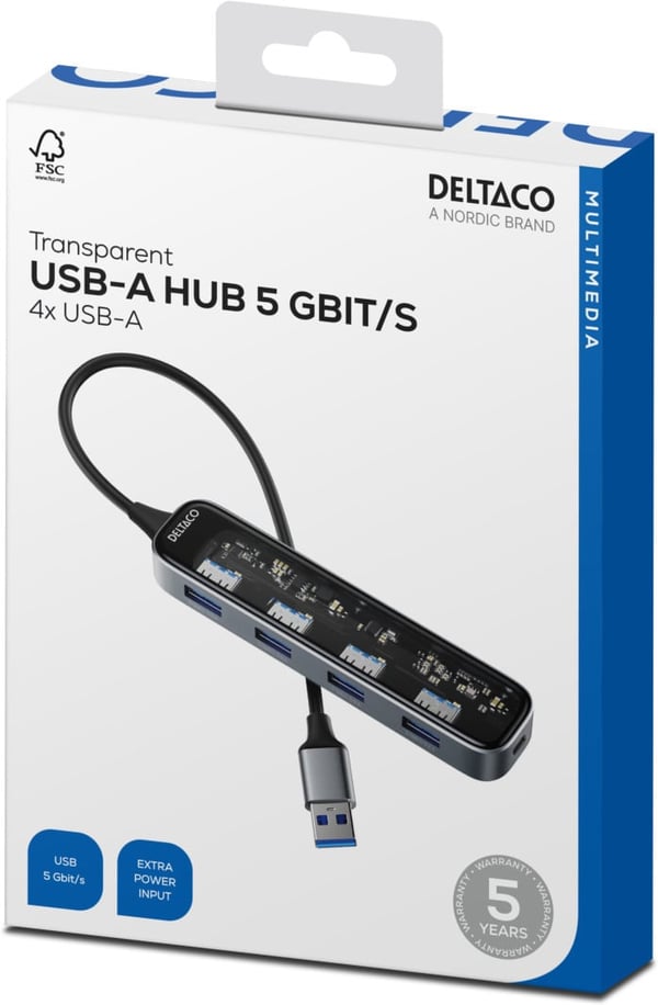 Deltaco USB-A-hub, 4x USB-A, 5 Gbps, gennemsigtig