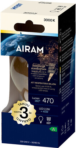Airam LED A60 -lampe, E27, 3000K, 470lm, klarglasad