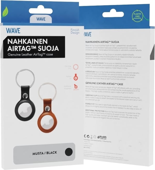 Wave Äkta läder nyckelskydd med nyckelring, Apple AirTag, svart