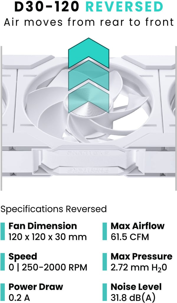 Phanteks D30-120 Reversed Airflow D-RGB PWM -fläkt, vit, 120 mm