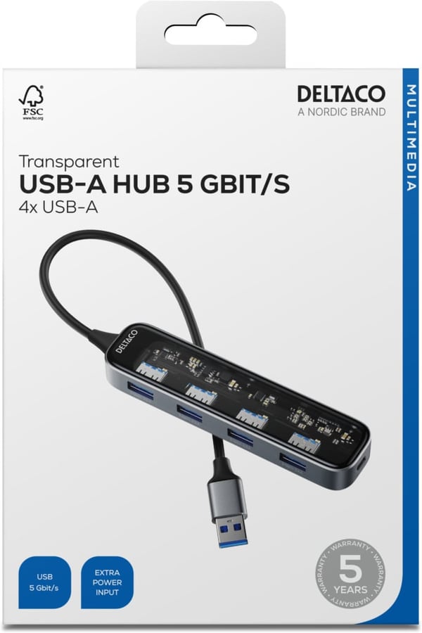 Deltaco USB-A-hub, 4x USB-A, 5 Gbps, gennemsigtig