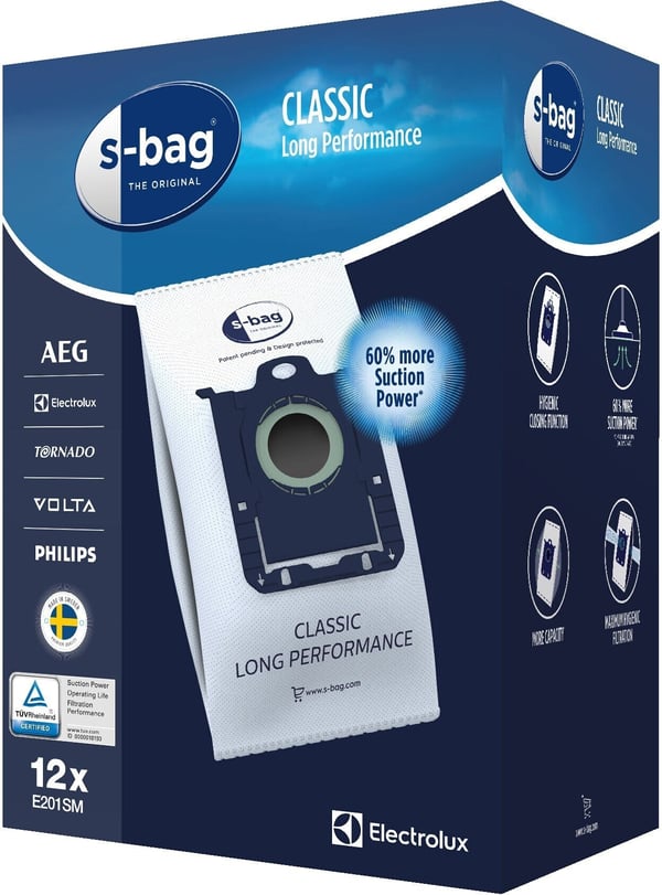 Electrolux E201SM S-Bag Classic Long Performance Mega Pack støvsugerpose, 12 stk.