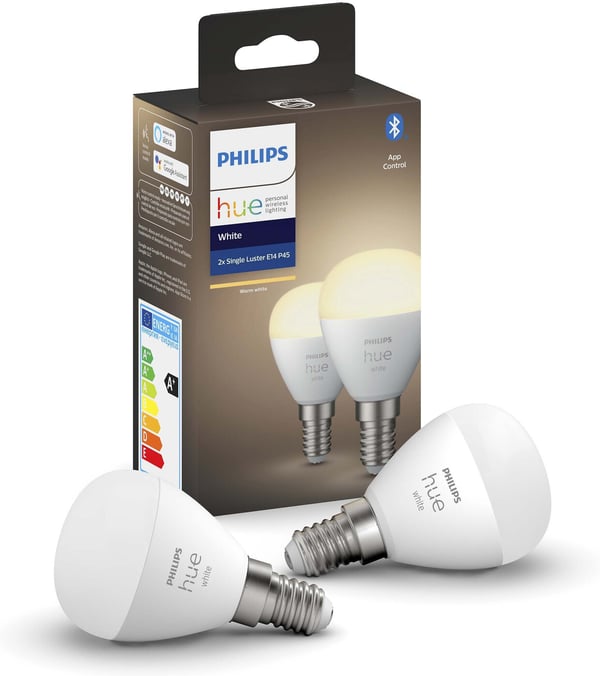 Philips Hue - LED-smartlampe, BT, White, E14, 470 lm, reklamelampe rund, 2 stk pakning