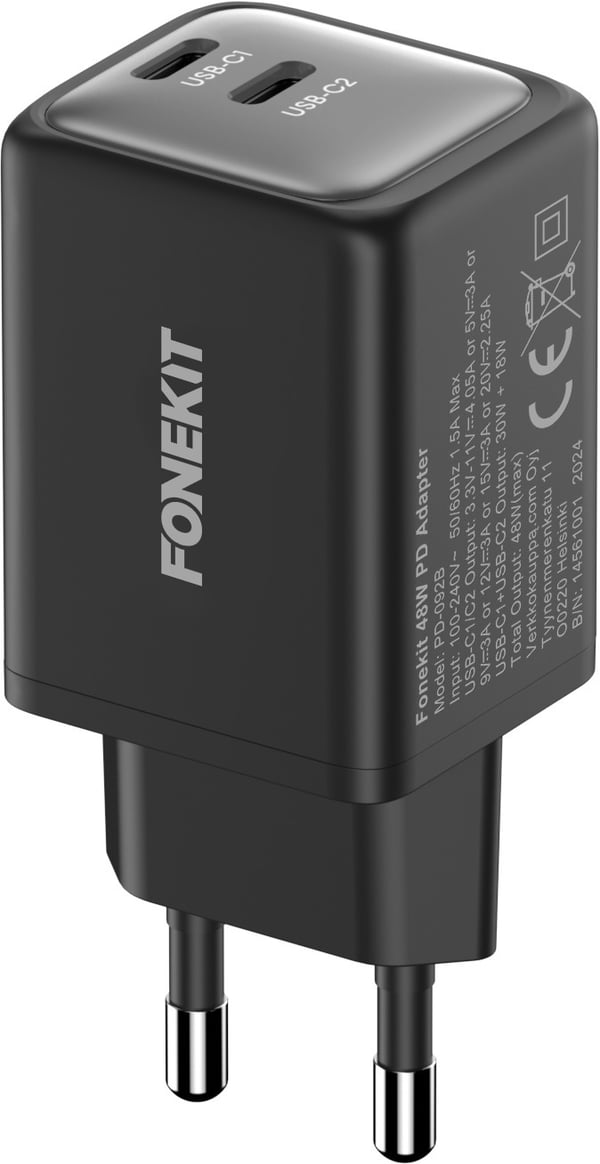 FoneKit GaN PD 48W nätadapter, USB-C + USB-C, svart