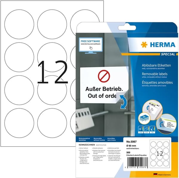 Herma Special 5067 - aftagelige udskriftsetiketter, 12-delt, 60 mm