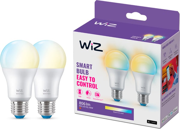 WiZ smartlampe, E27 - hvide lysnuancer, Wi-Fi, 2700-6500 K, 806 lm, 2-pak