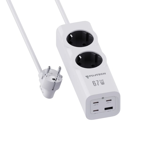 Fuj:tech 6-delad 67W GaN förlängningssladd med 4 USB-portar, 2 m, vit