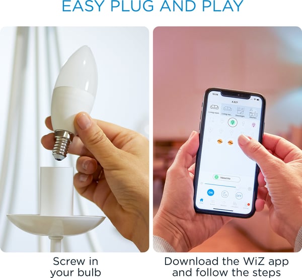 WiZ smartlampe, E14, RGBW - alle farver og nuancer af hvidt lys, Wi-Fi, 470 lm