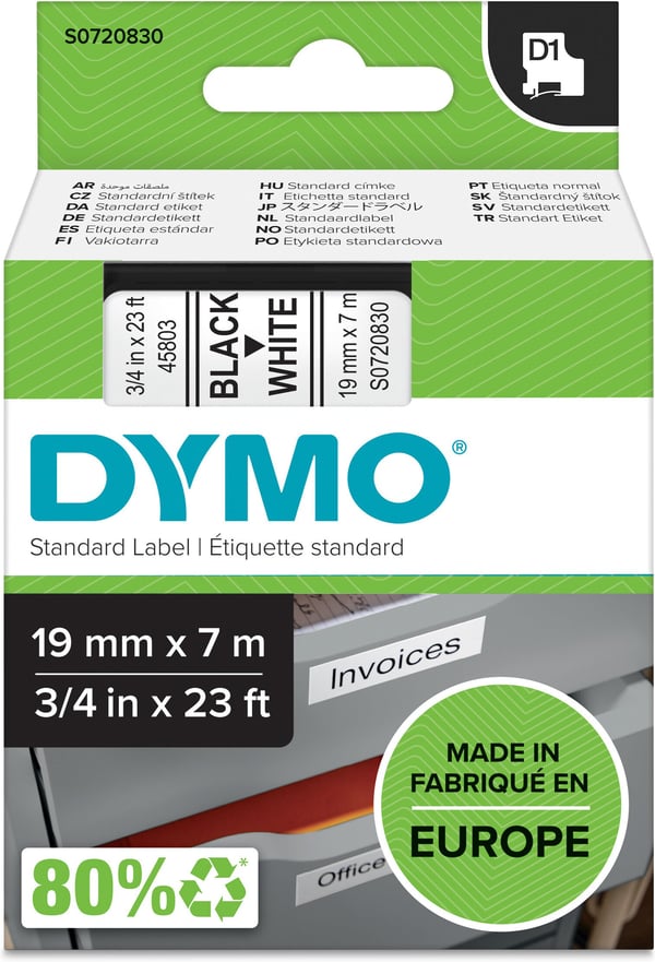 Dymo D1-tejp 19 mm x 7 m, svart på vit botten