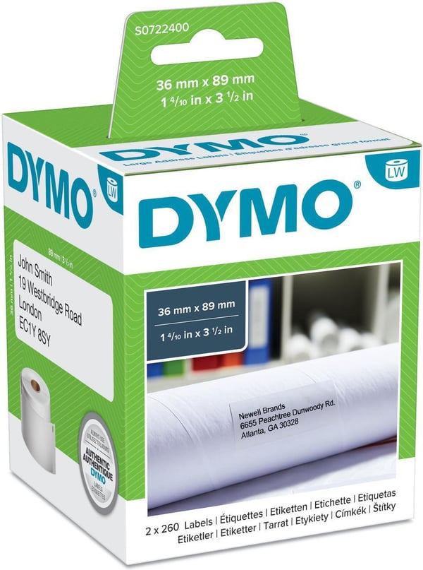 Dymo LabelWriter -adressetikett 89 x 36 mm, 520 etiketter, vit
