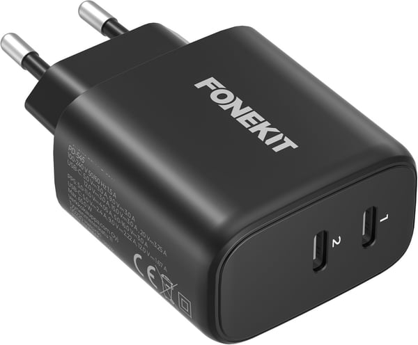 FoneKit GaN PD 65W laddare, USB-C + USB-C, svart