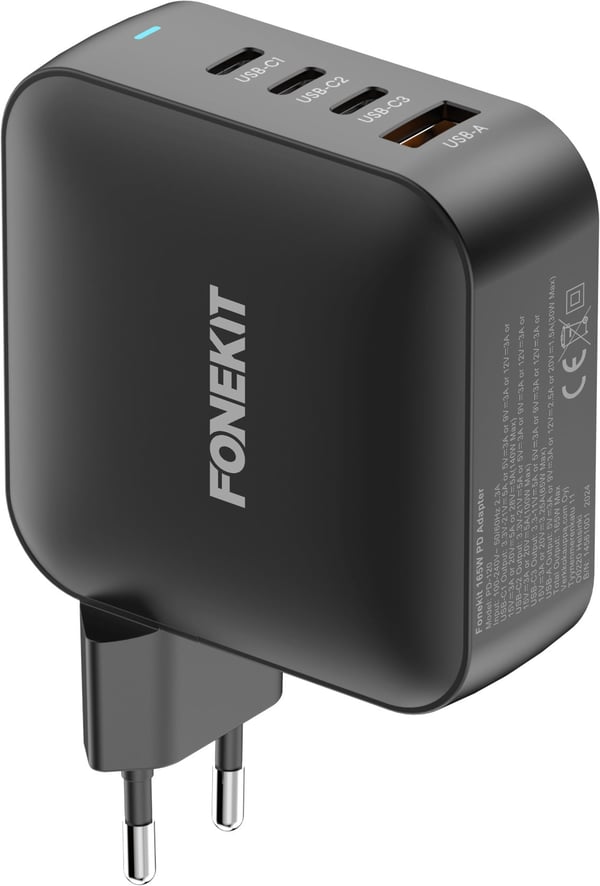 FoneKit GaN PD 165W nätadapter, USB-A + 3 x USB-C, svart