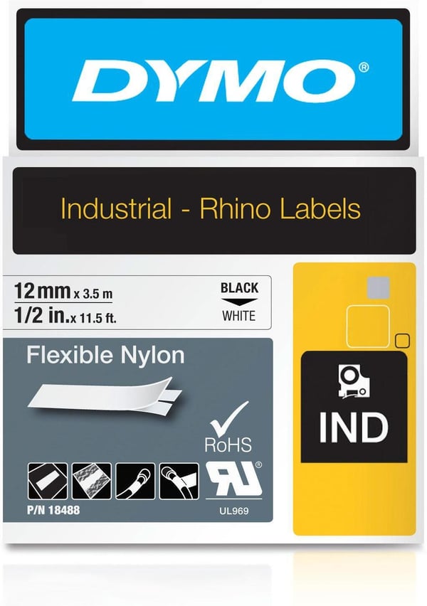 Dymo Rhino Industrial -flexibelt nylonband 12 mm x 3,5 m, svart på vit botten