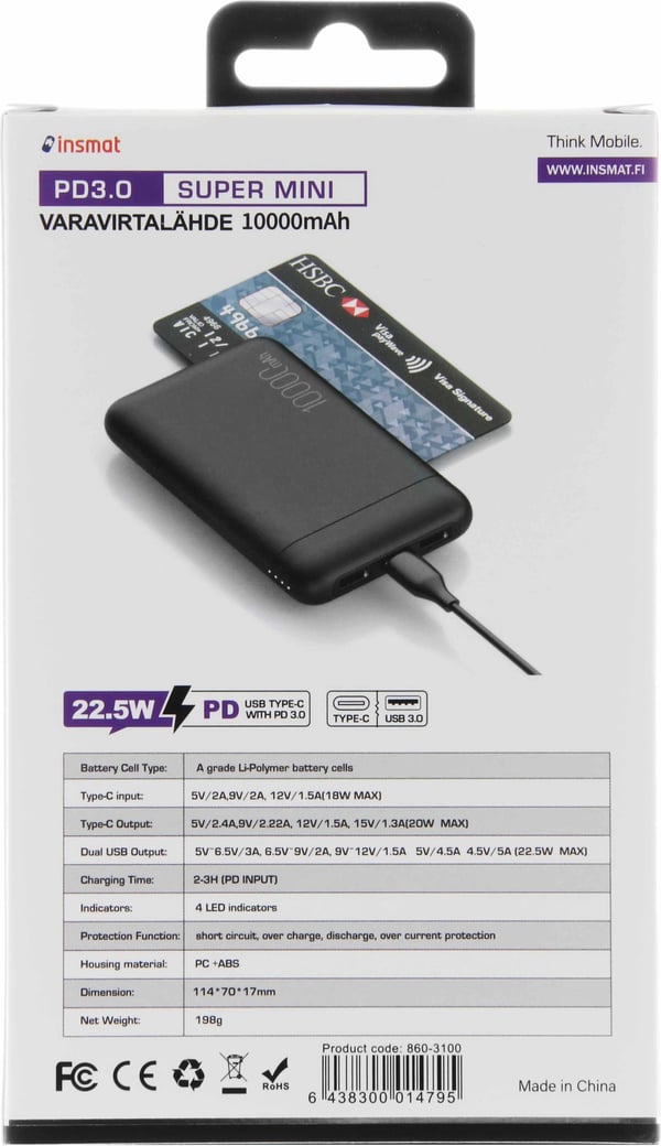Insmat QC/PD 10.000 mAh ekstern batteri