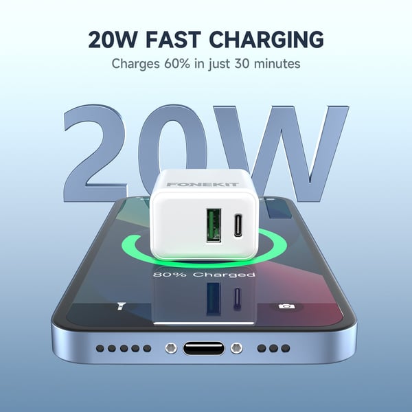 FoneKit Double 20W-laddare, USB-C + USB-A, vit