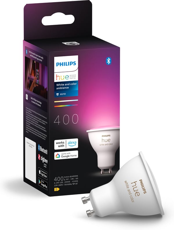 Philips Hue -LED-smartpære, BT, Hvid og farveambians, GU10, 4,2 W, 1-pak