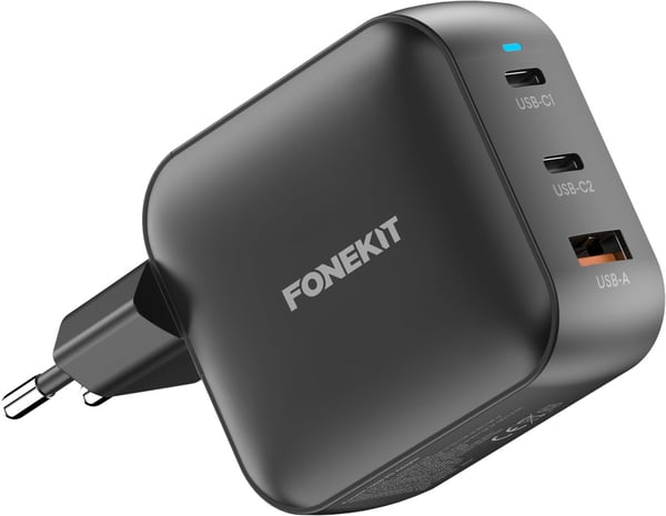 FoneKit GaN PD 100W -nätadapter, USB-C + USB-C + USB-A, svart