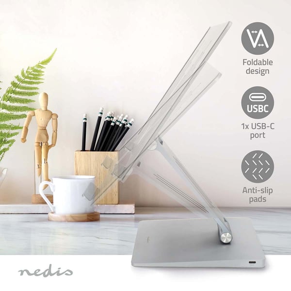 Nedis bärbar datorställ med USB-hubb, silver