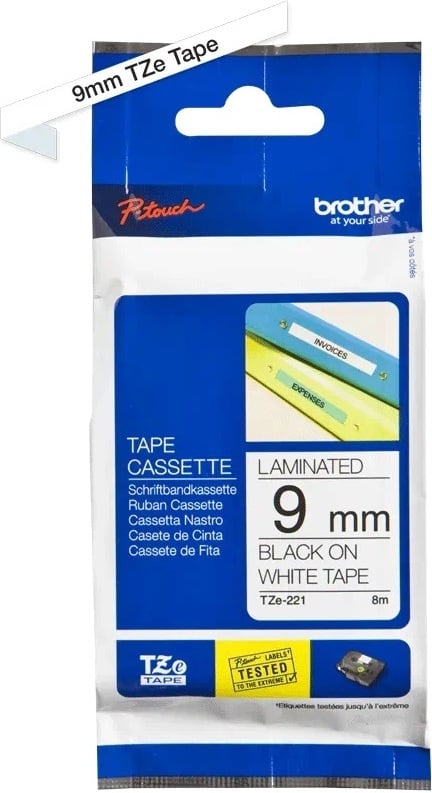 Brother TZe-221 -etikettband, 9 mm x 8 m, svart på vit bakgrund