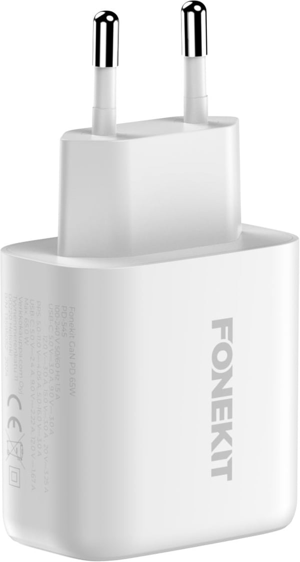 FoneKit GaN PD 65W -väggladdare, USB-C + USB-C, vit