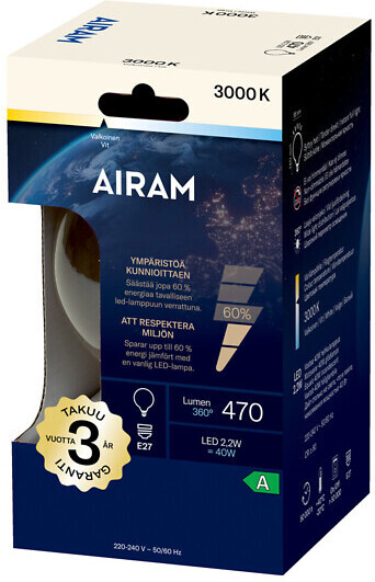 Airam LED G95 -læmpe, E27, 3000K, 470lm, klart glas