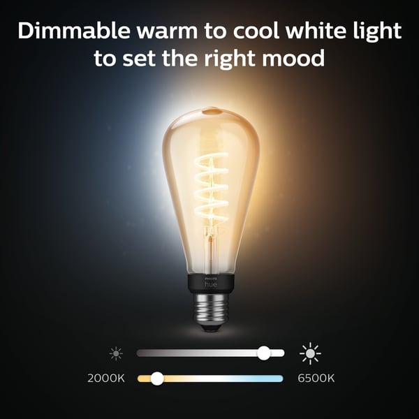 Philips Hue - filamentpære, White ambiance Filament Edison, E27, 550 lm