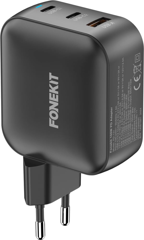 FoneKit GaN PD 100W -nätadapter, USB-C + USB-C + USB-A, svart