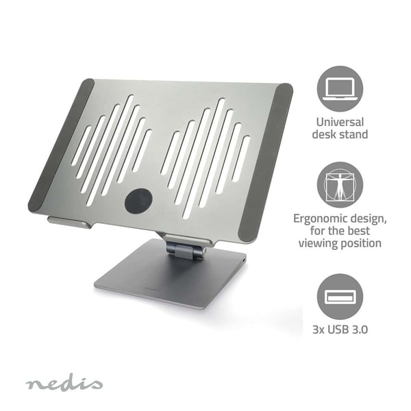 Nedis bärbar datorställ med USB-hubb, silver