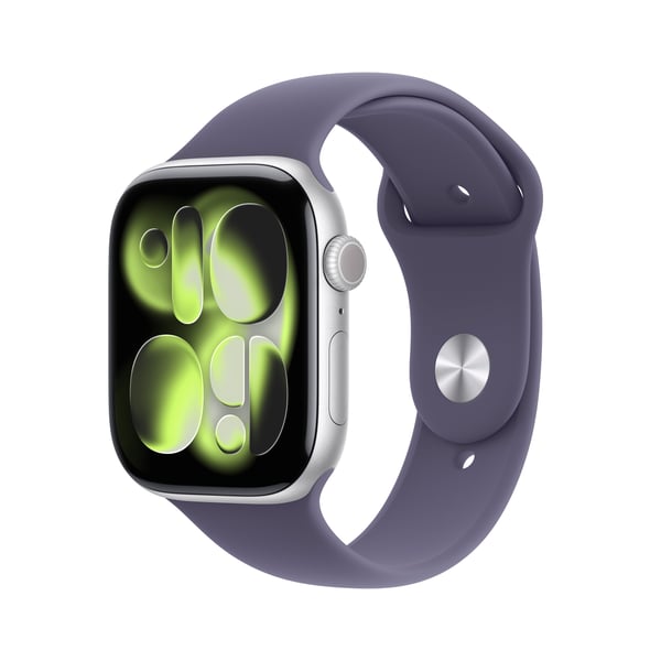 Apple Watch Series 11 (GPS) 46 mm silver aluminiumhölje och dimviolett sportarmband, M/L