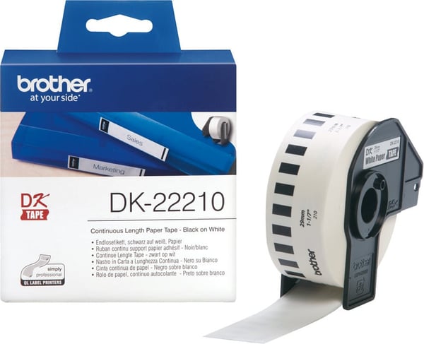 Brother DK-22210 -etikettrulle, 29 mm, svart/vit