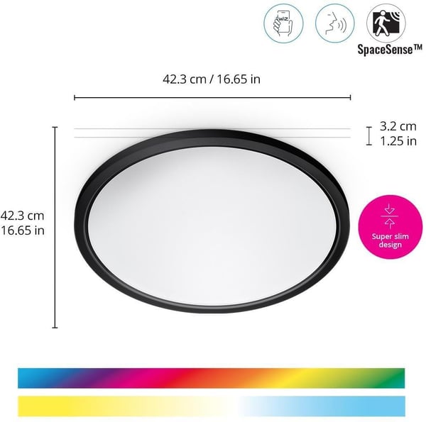 WiZ SuperSlim loftlampe, rund, sort, WiFi, 22 W, RGB, 2200-6500 K, 2600 lm