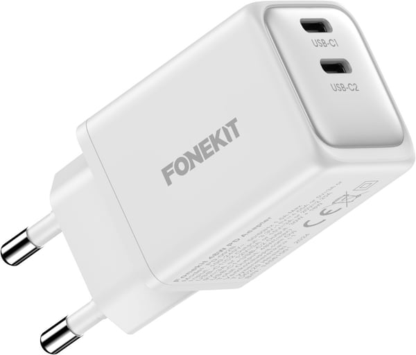 FoneKit GaN PD 48W - nätadapter, USB-C + USB-C, vit