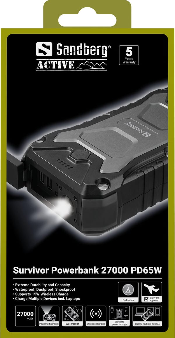 Sandberg Survivor PD 65W nödladdare, 27000 mAh