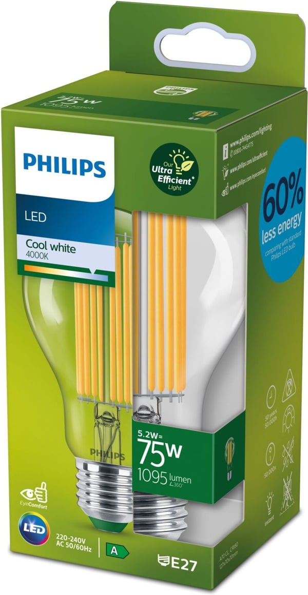 Philips Ultra Effektiv LED-lampe, E27, 4000 K, 1095 lm, klar overflade
