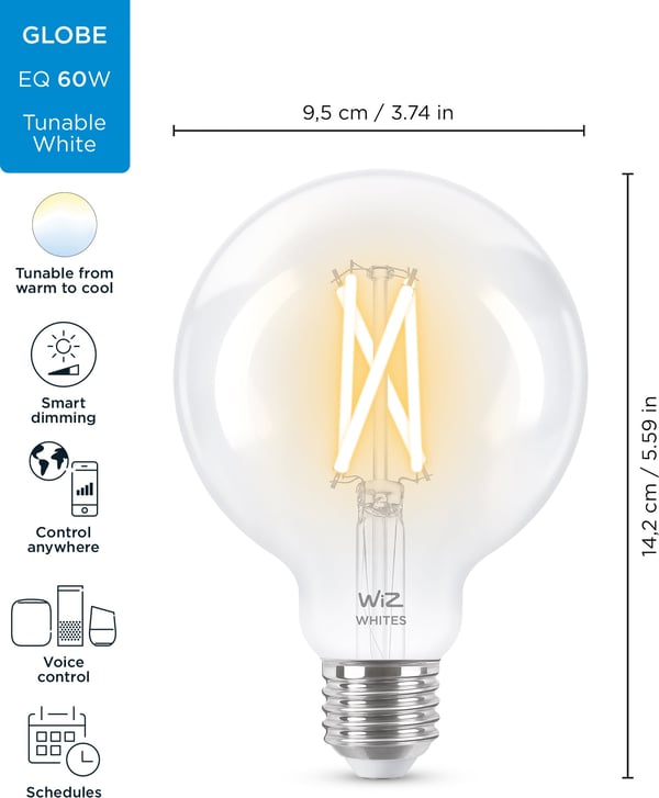 WiZ smartlampe globe, E27, klar glas, justerbar hvid
