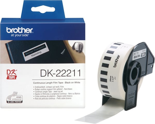 Brother DK-22211 -etikettrulle, film, svart/vit, 29 mm