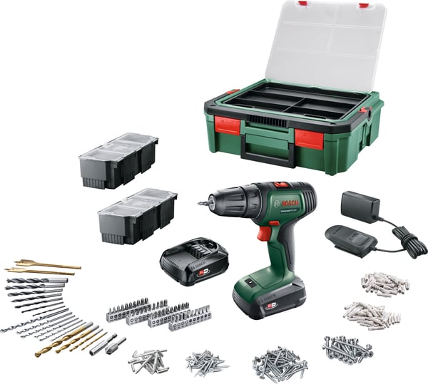 Bosch UniversalDrill 18V + SystemBox 241 - batteridriven borrmaskin + tillbehörskit