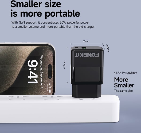 FoneKit Double 20W laddare, USB-C + USB-A, svart