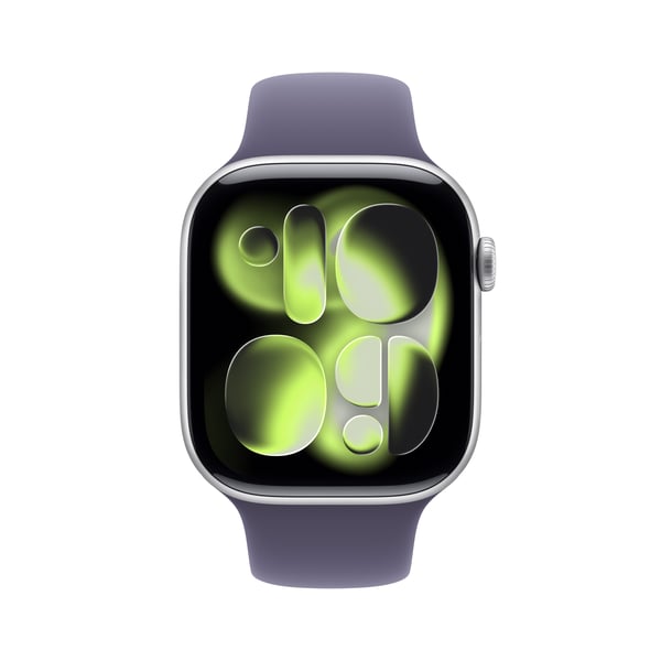 Apple Watch Series 11 (GPS) 46 mm silver aluminiumhölje och dimviolett sportarmband, M/L