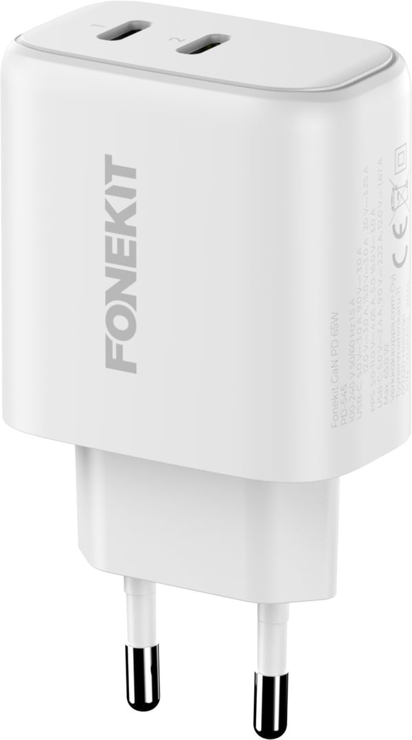FoneKit GaN PD 65W -väggladdare, USB-C + USB-C, vit