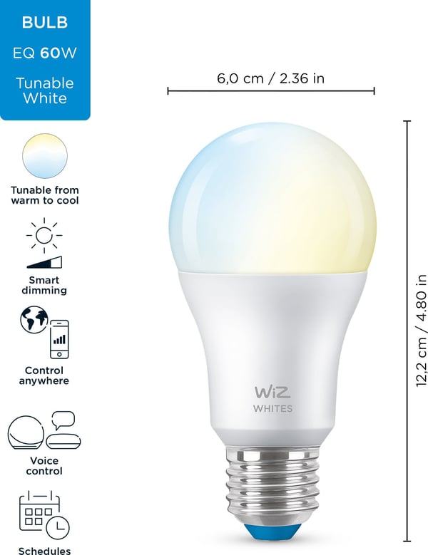 WiZ smartlampe, E27 - hvide lysnuancer, Wi-Fi, 2700-6500 K, 806 lm, 2-pak