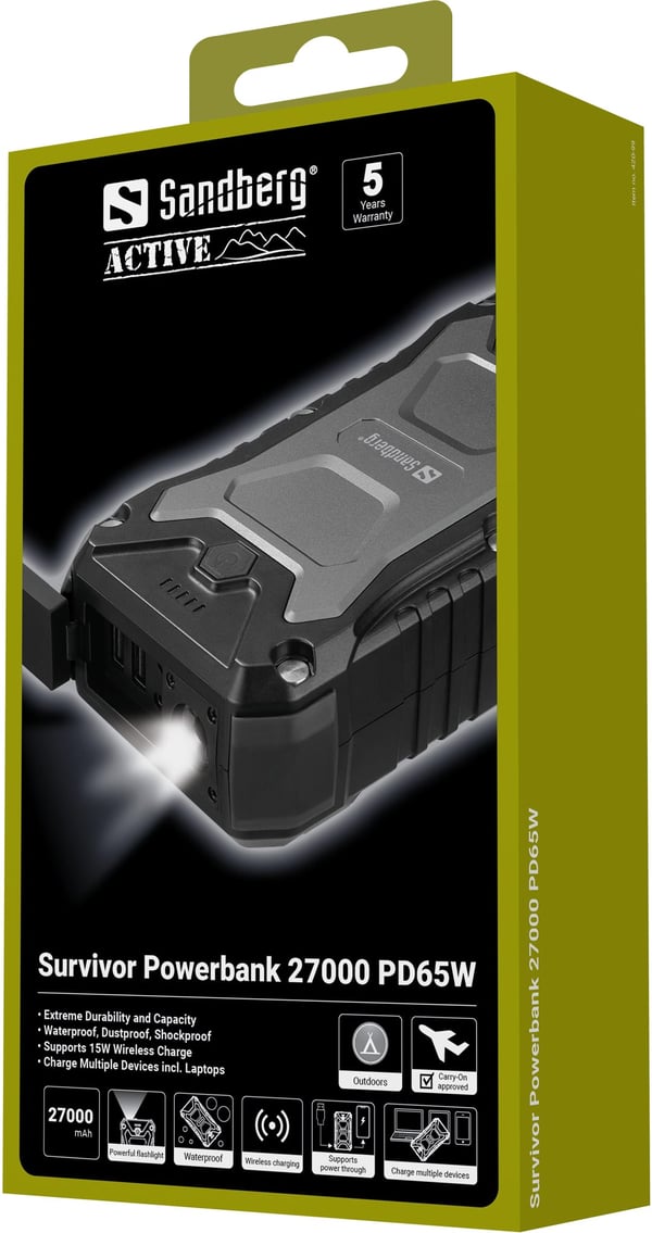 Sandberg Survivor PD 65W nödladdare, 27000 mAh