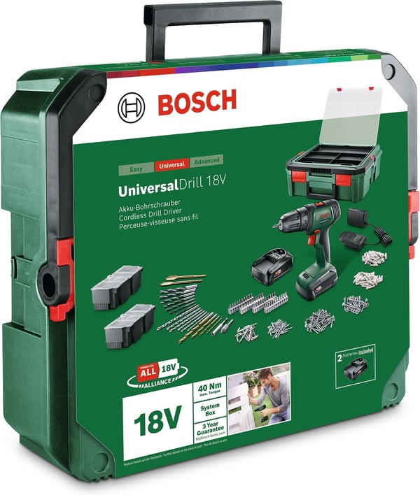 Bosch UniversalDrill 18V + SystemBox 241 - batteridrevet boremaskine + tilbehørssæt