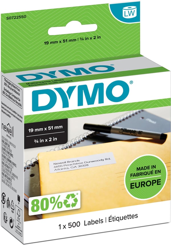Dymo LabelWriter -multifunktionsetikett 19 x 51 mm, 500 etiketter, vit