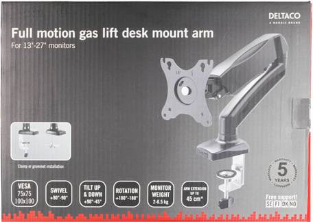 Deltaco ARM-534 Monitorarm med gasfjäder, 13"-27", svart